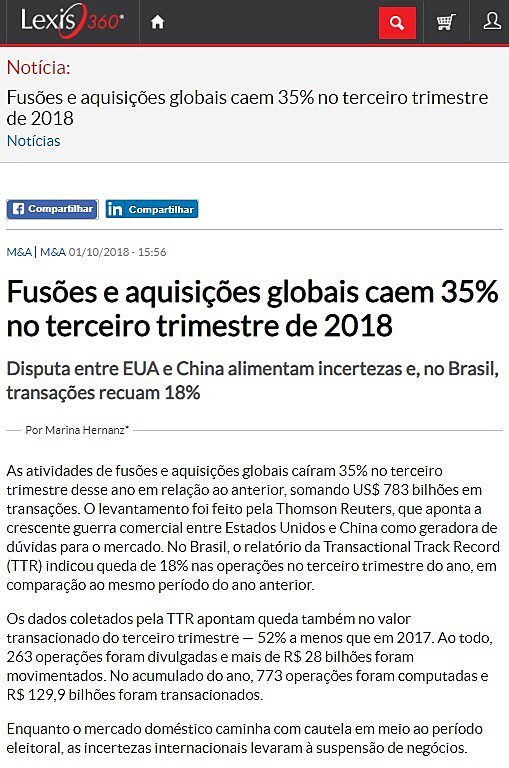 Fuses e aquisies globais caem 35% no terceiro trimestre de 2018